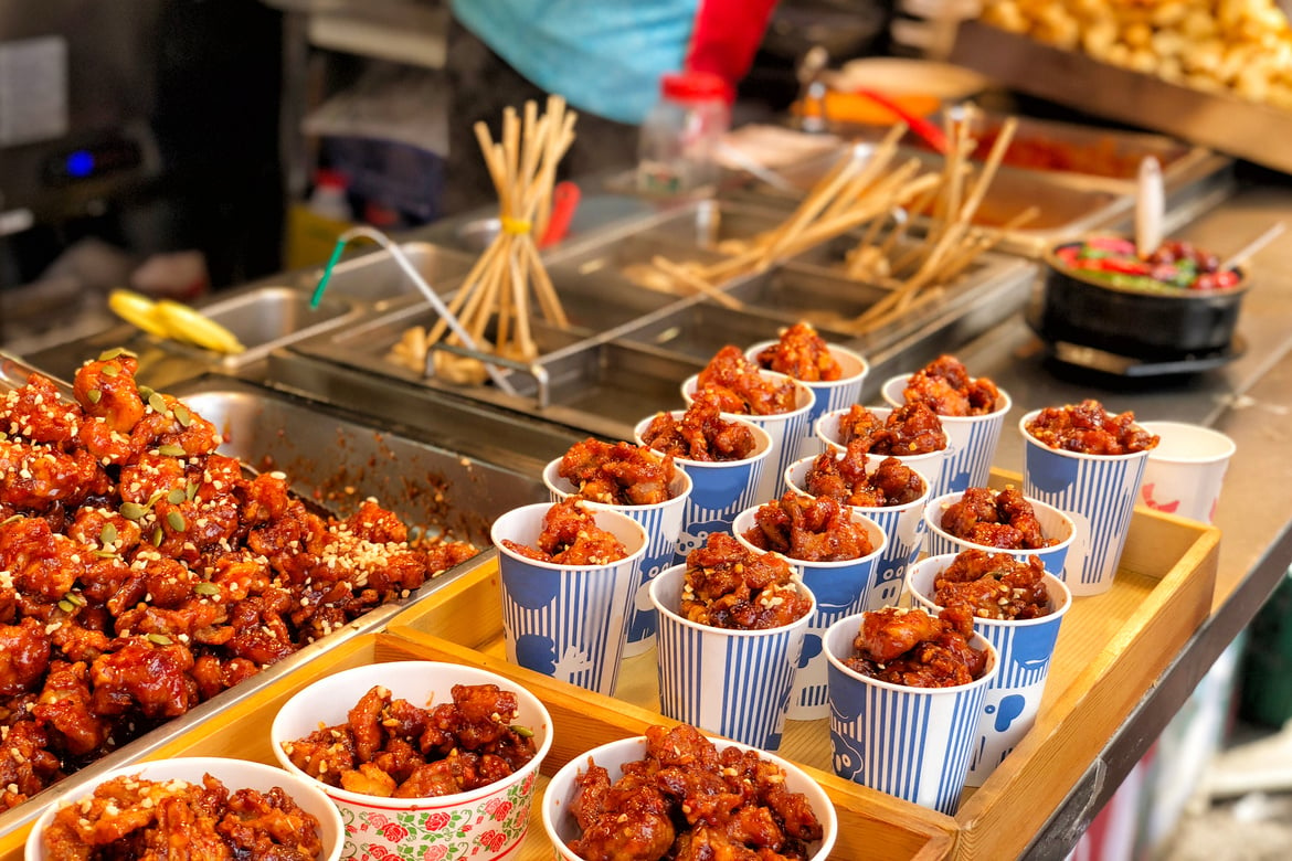 Chicken fried in Myeong-dong street food, Seoul, South Korea